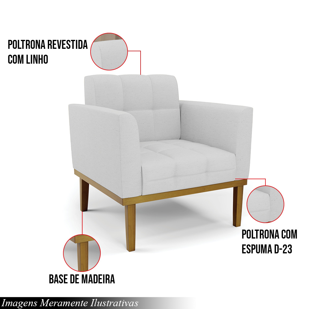 Kit 2 Poltronas Decorativas Karen Pés Fixo em Madeira Castanho Linho Cinza G19 - Gran Belo