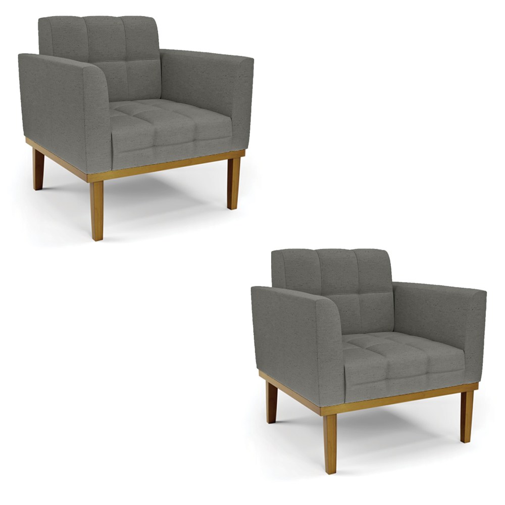Kit 2 Poltronas Decorativas Karen Pés Fixo em Madeira Castanho Linho Cinza Mesclado G19 - Gran Belo