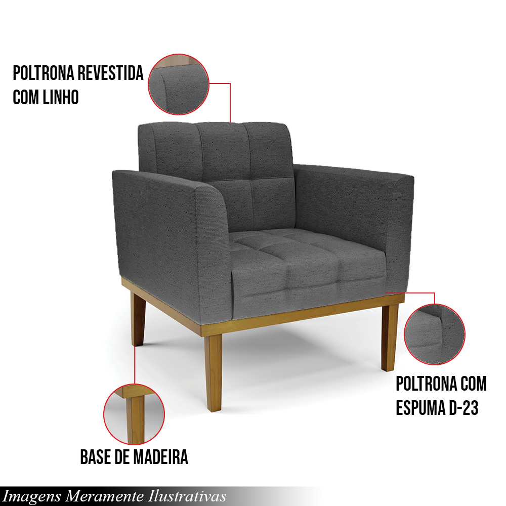 Kit 2 Poltronas Decorativas Karen Pés Fixo em Madeira Castanho Linho Cinza Mesclado G19 - Gran Belo