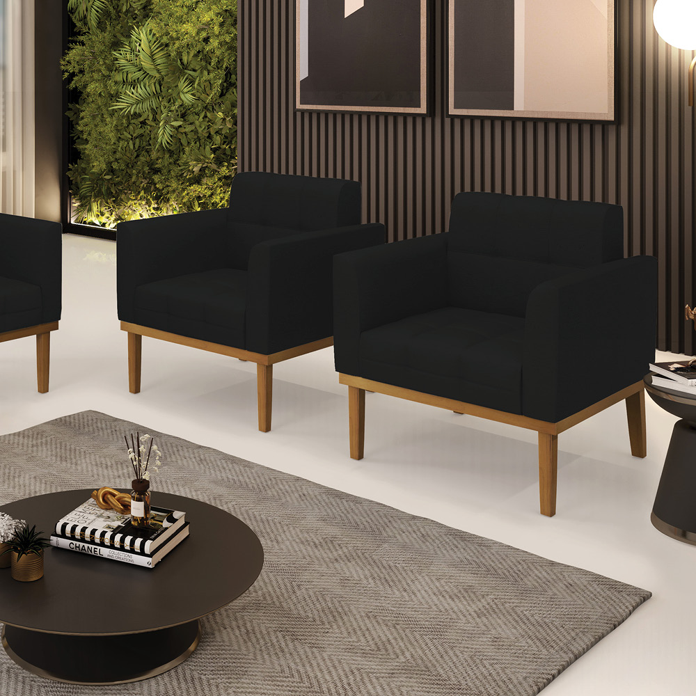 Kit 2 Poltronas Decorativas Karen Pés Fixo em Madeira Castanho Linho Preto G19 - Gran Belo