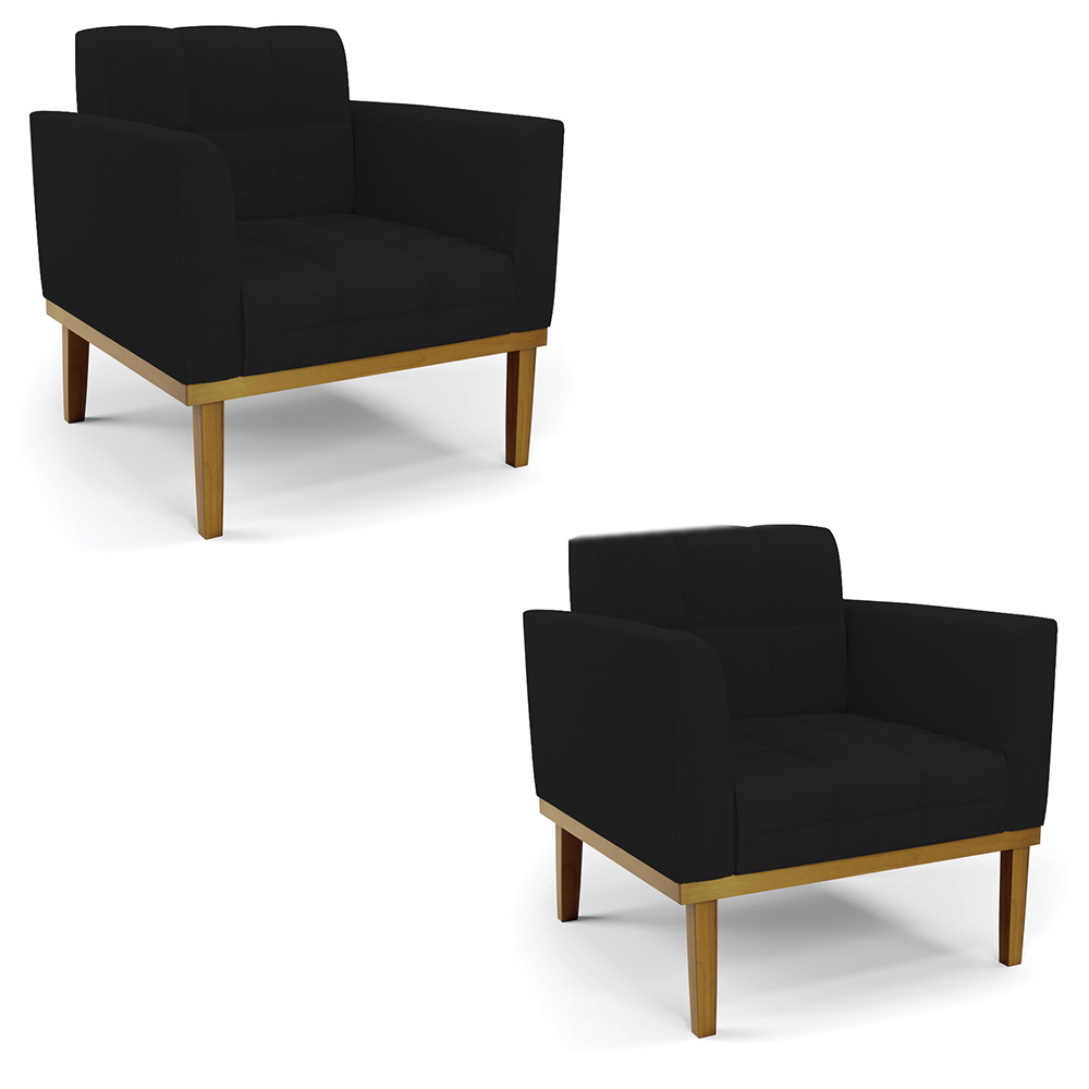 Kit 2 Poltronas Decorativas Karen Pés Fixo em Madeira Castanho Linho Preto G19 - Gran Belo