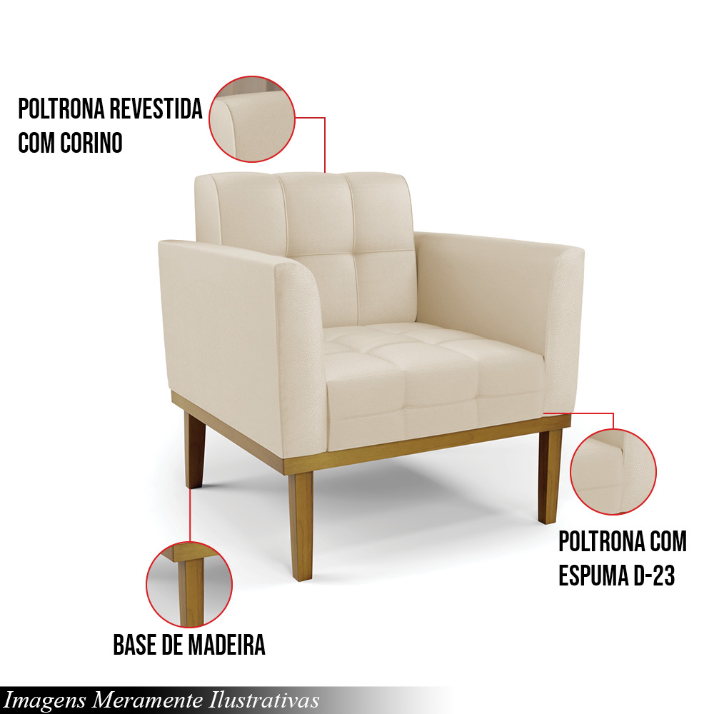 Kit 2 Poltronas Decorativas Karen Pés Fixo em Madeira Castanho PU Bege G19 - Gran Belo
