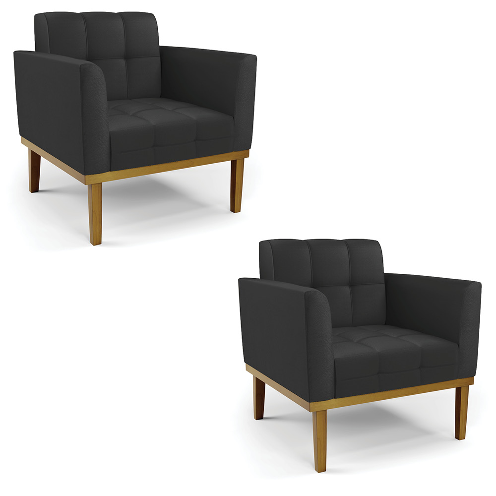Kit 2 Poltronas Decorativas Karen Pés Fixo em Madeira Castanho PU Preto G19 - Gran Belo