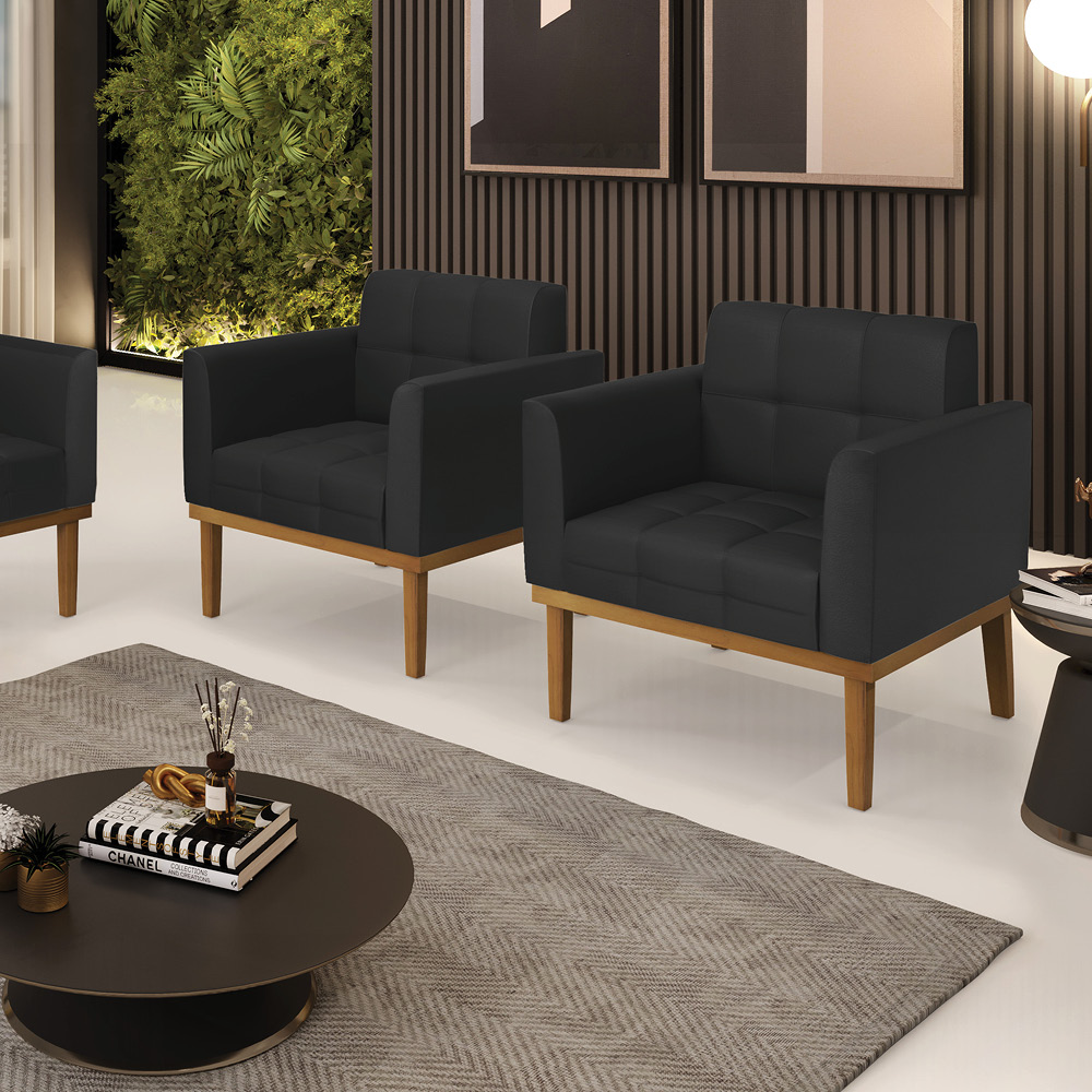 Kit 2 Poltronas Decorativas Karen Pés Fixo em Madeira Castanho PU Preto G19 - Gran Belo