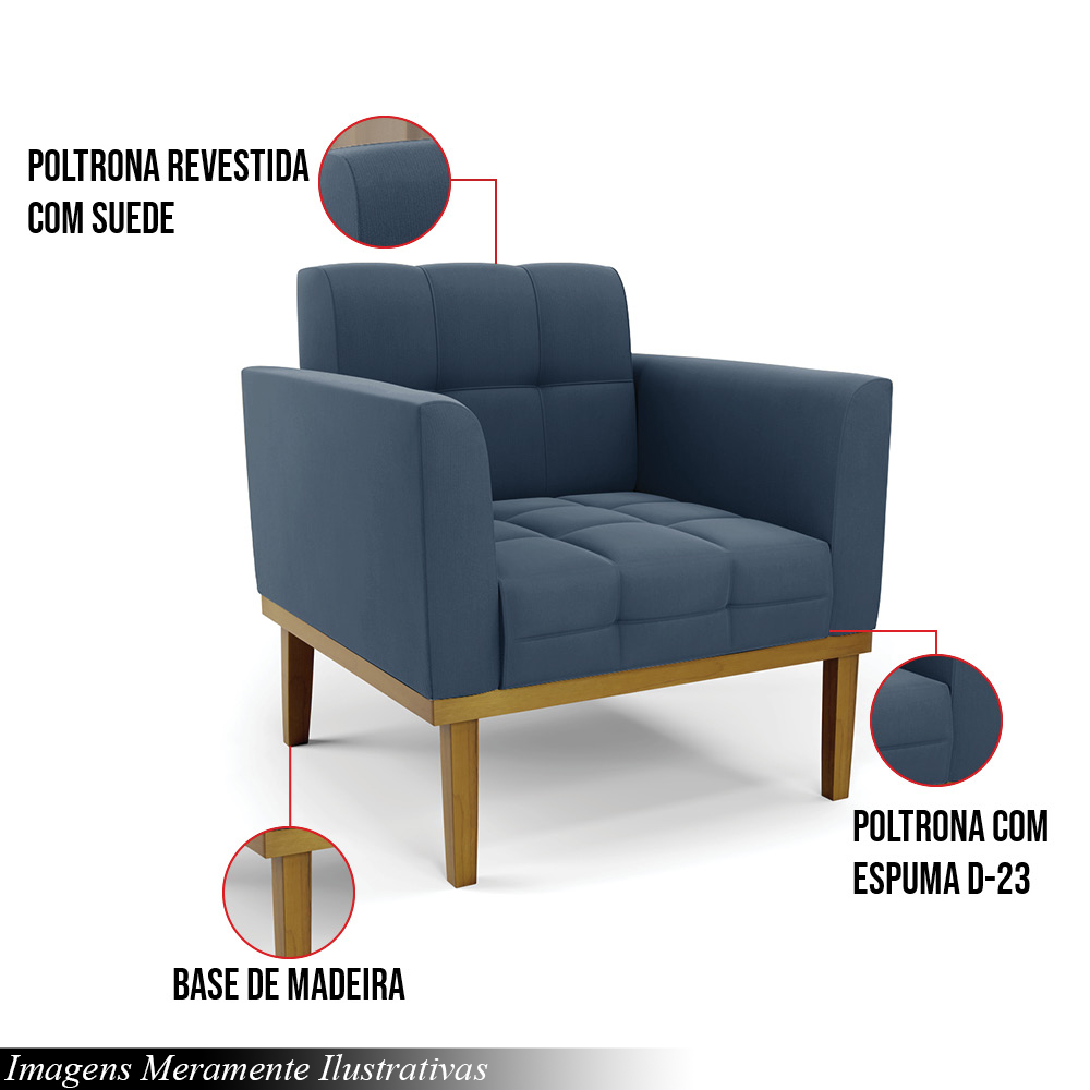 Kit 2 Poltronas Decorativas Karen Pés Fixo em Madeira Castanho Suede Azul Marinho G19 - Gran Belo