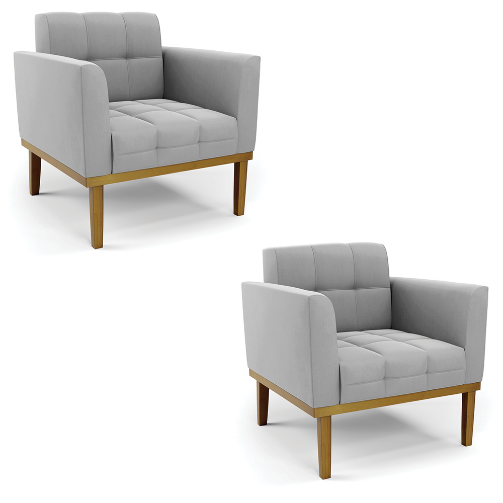 Kit 2 Poltronas Decorativas Karen Pés Fixo em Madeira Castanho Suede Cinza G19 - Gran Belo