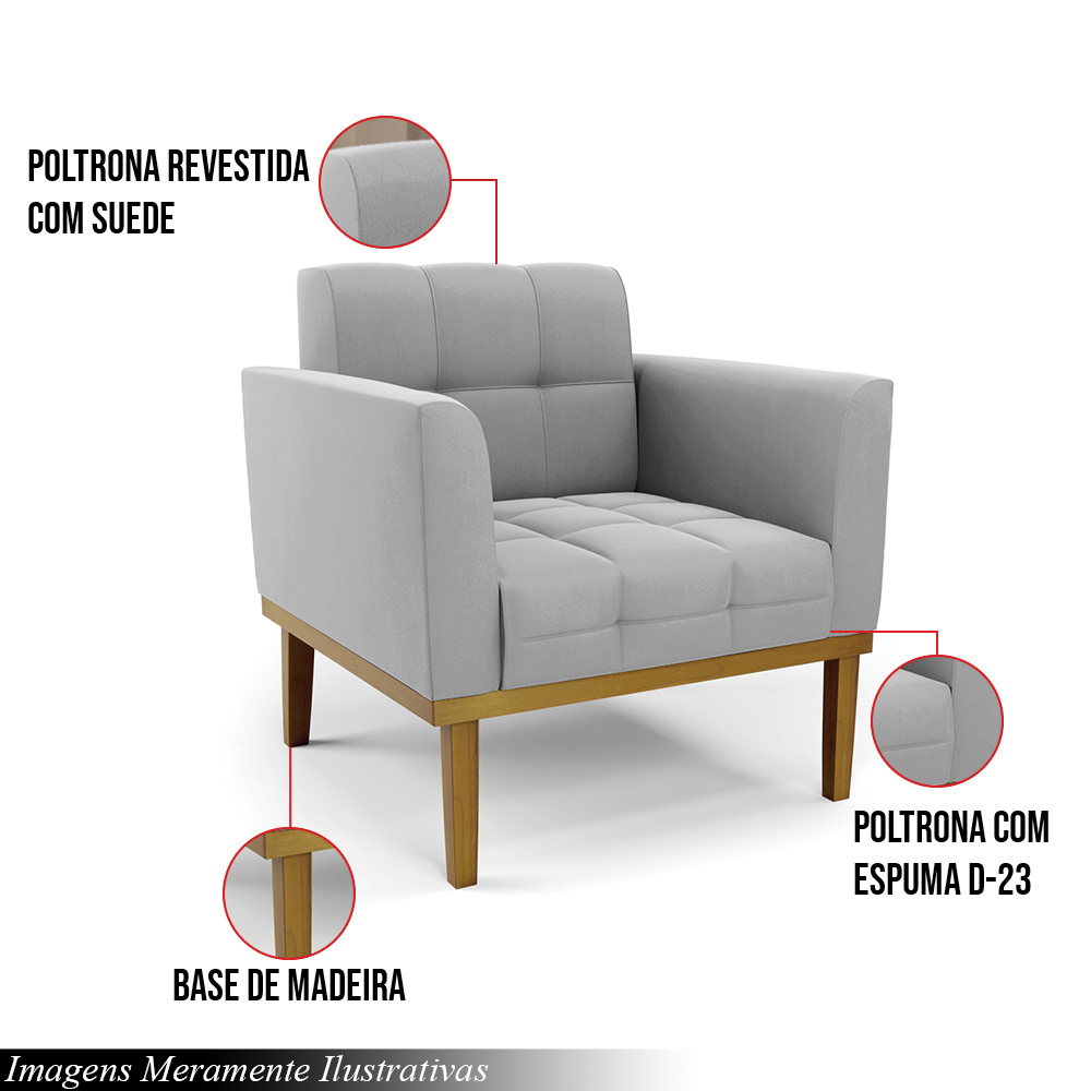 Kit 2 Poltronas Decorativas Karen Pés Fixo em Madeira Castanho Suede Cinza G19 - Gran Belo
