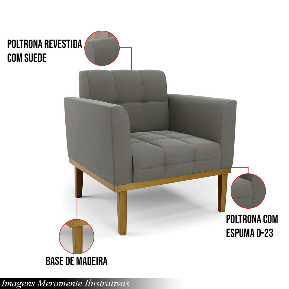 Kit 2 Poltronas Decorativas Karen Pés Fixo em Madeira Castanho Suede Grafite G19 - Gran Belo