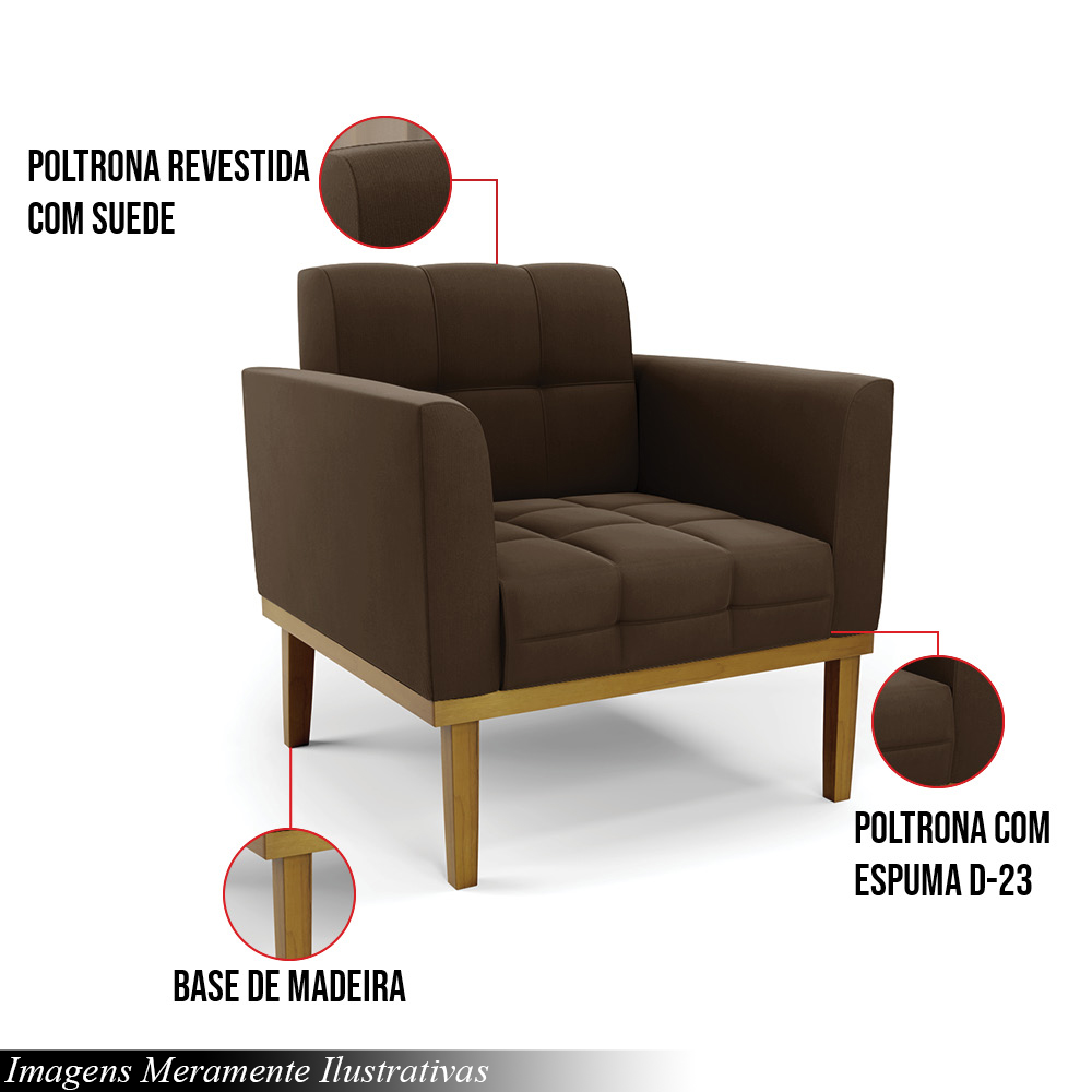 Kit 2 Poltronas Decorativas Karen Pés Fixo em Madeira Castanho Suede Marrom 19 - Gran Belo