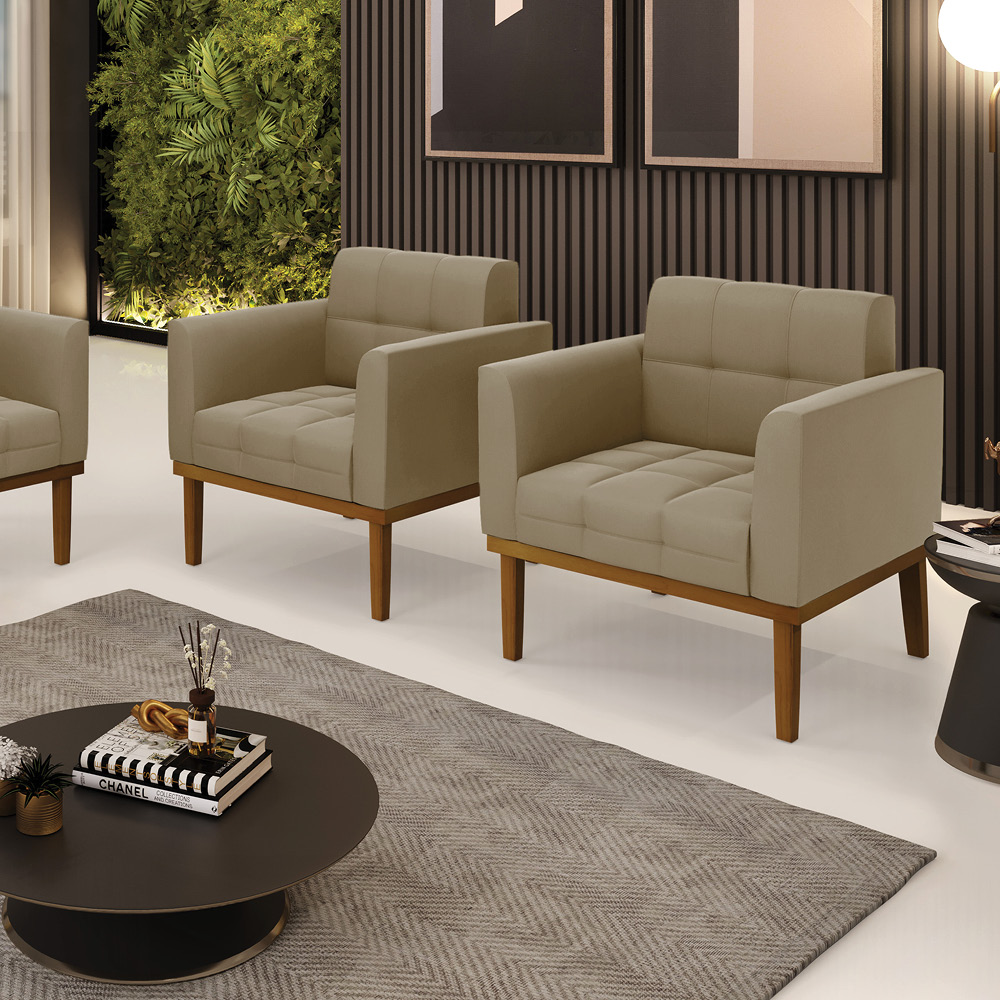 Kit 2 Poltronas Decorativas Karen Pés Fixo em Madeira Castanho Suede Nude G19 - Gran Belo