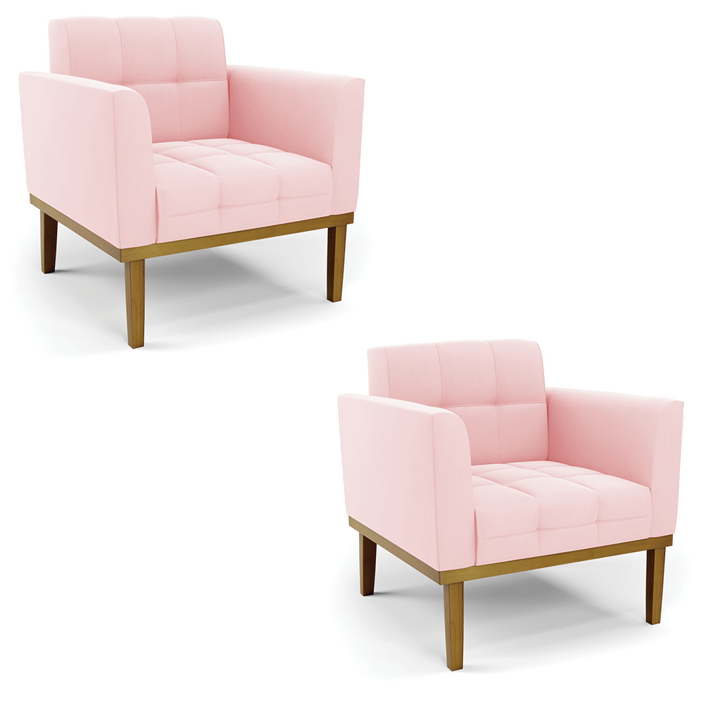 Kit 2 Poltronas Decorativas Karen Pés Fixo em Madeira Castanho Suede Rosa Bebê G19 - Gran Belo