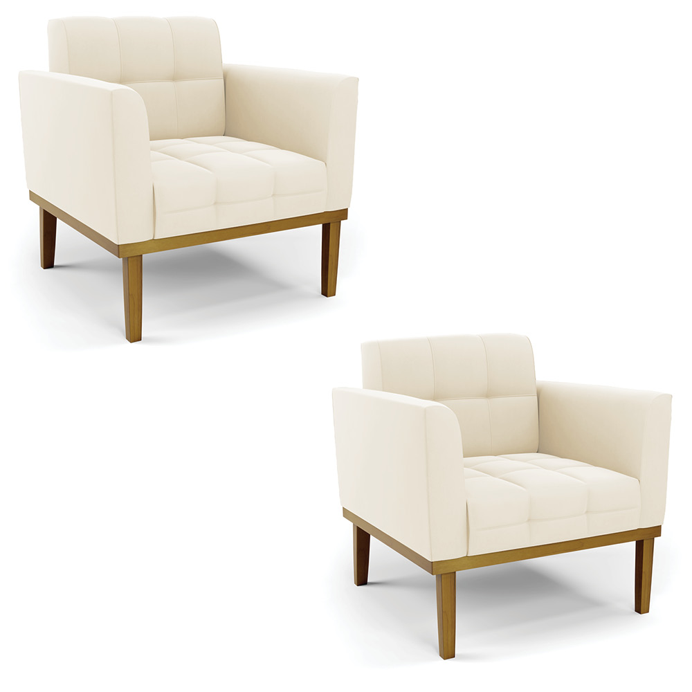 Kit 2 Poltronas Decorativas Karen Pés Fixo em Madeira Castanho Veludo Bege G19 - Gran Belo