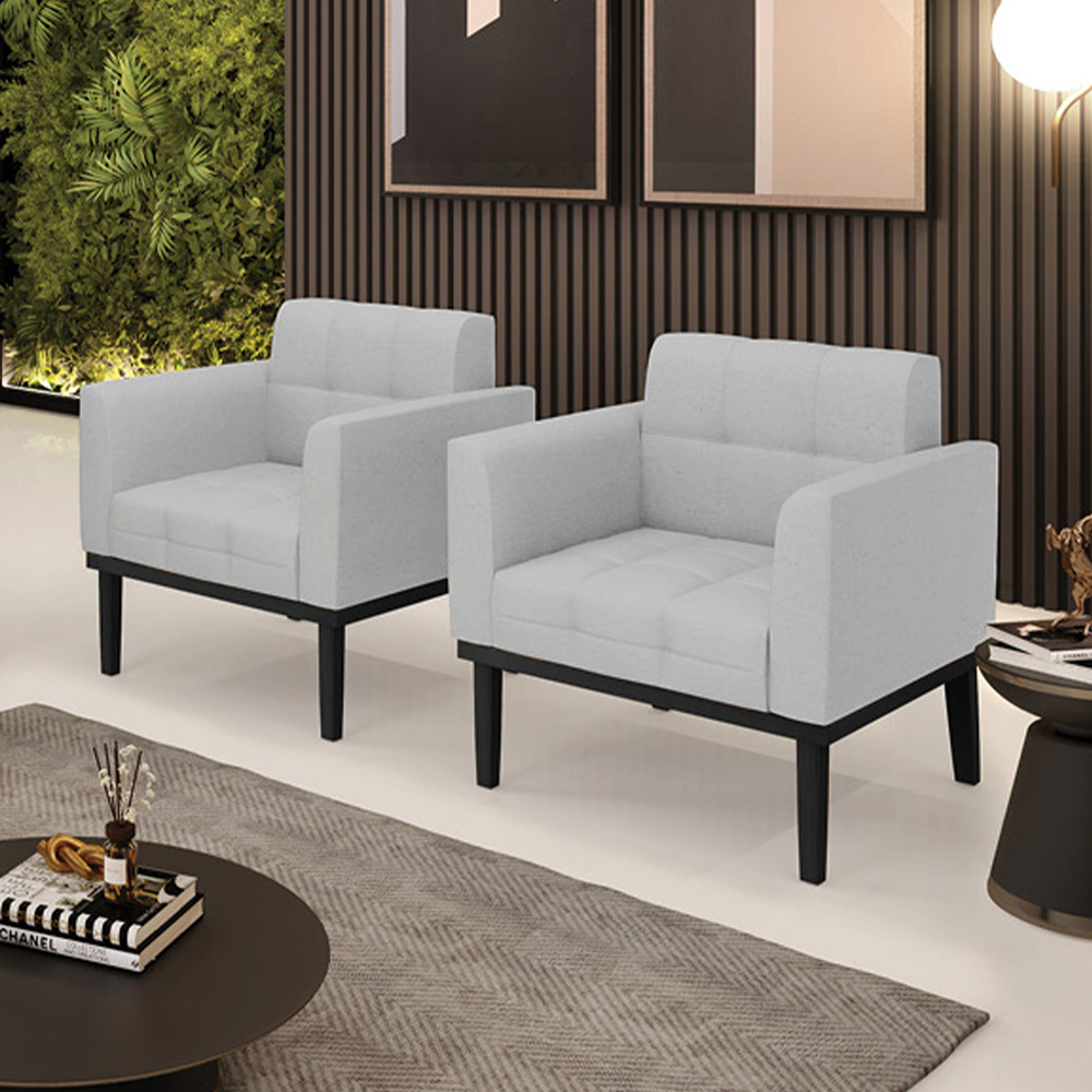 Kit 2 Poltronas Decorativas Karen Pés Fixo em Madeira Preto Linho Cinza G19 - Gran Belo