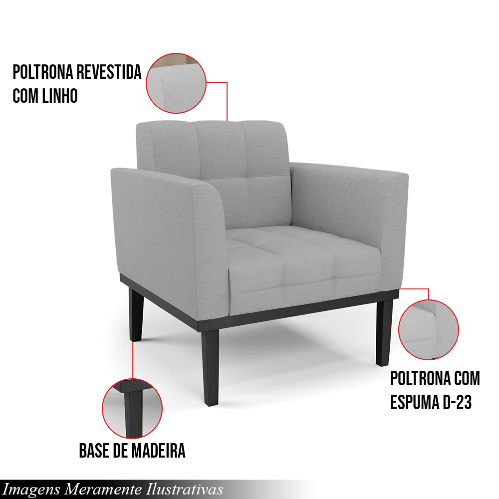 Kit 2 Poltronas Decorativas Karen Pés Fixo em Madeira Preto Linho Cinza G19 - Gran Belo