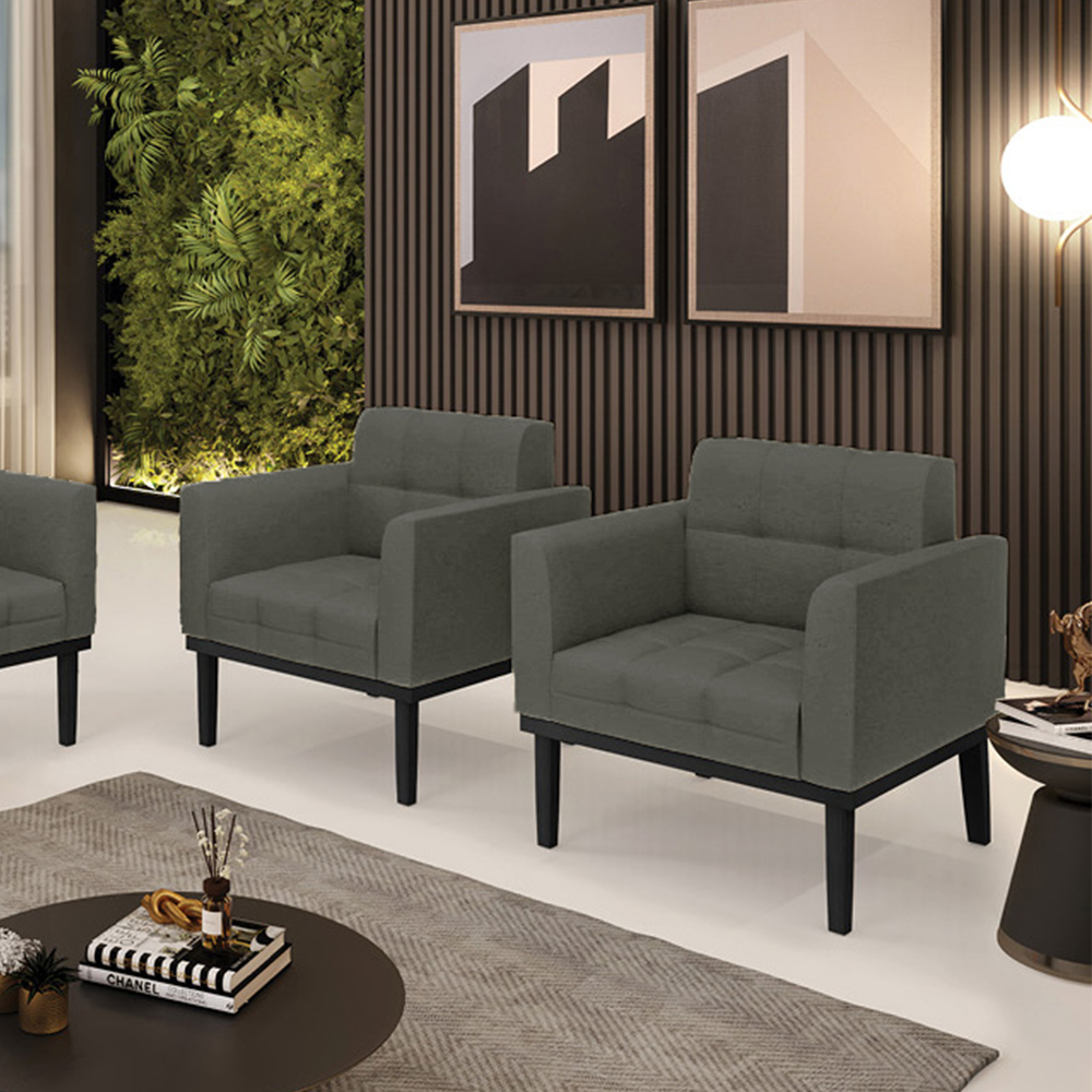 Kit 2 Poltronas Decorativas Karen Pés Fixo em Madeira Preto Linho Cinza Mesclado G19 - Gran Belo
