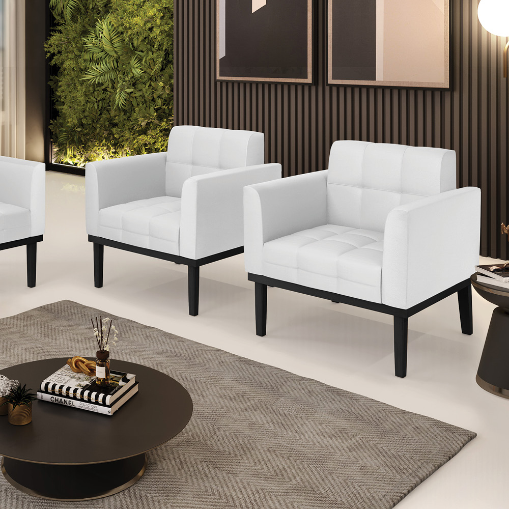 Kit 2 Poltronas Decorativas Karen Pés Fixo em Madeira Preto PU Branco G19 - Gran Belo