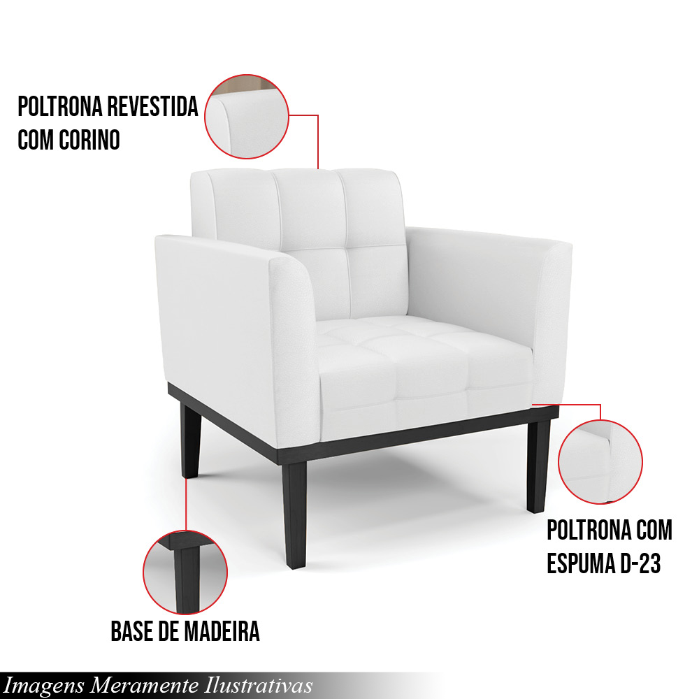 Kit 2 Poltronas Decorativas Karen Pés Fixo em Madeira Preto PU Branco G19 - Gran Belo