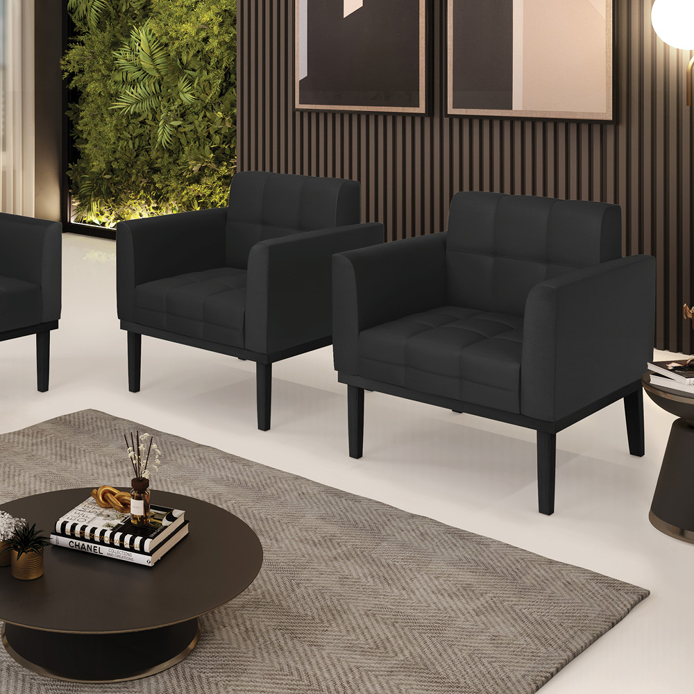 Kit 2 Poltronas Decorativas Karen Pés Fixo em Madeira Preto PU Preto G19 - Gran Belo