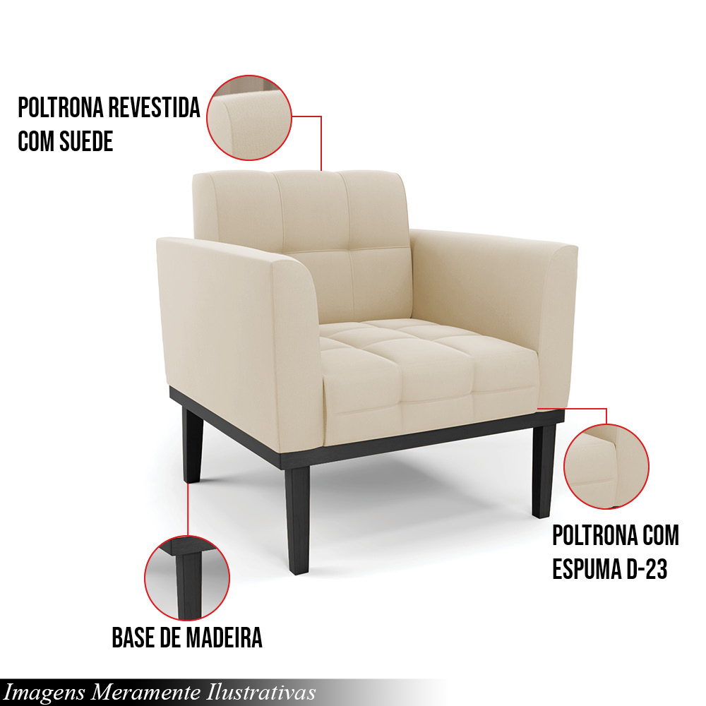 Kit 2 Poltronas Decorativas Karen Pés Fixo em Madeira Preto Suede Bege G19 - Gran Belo