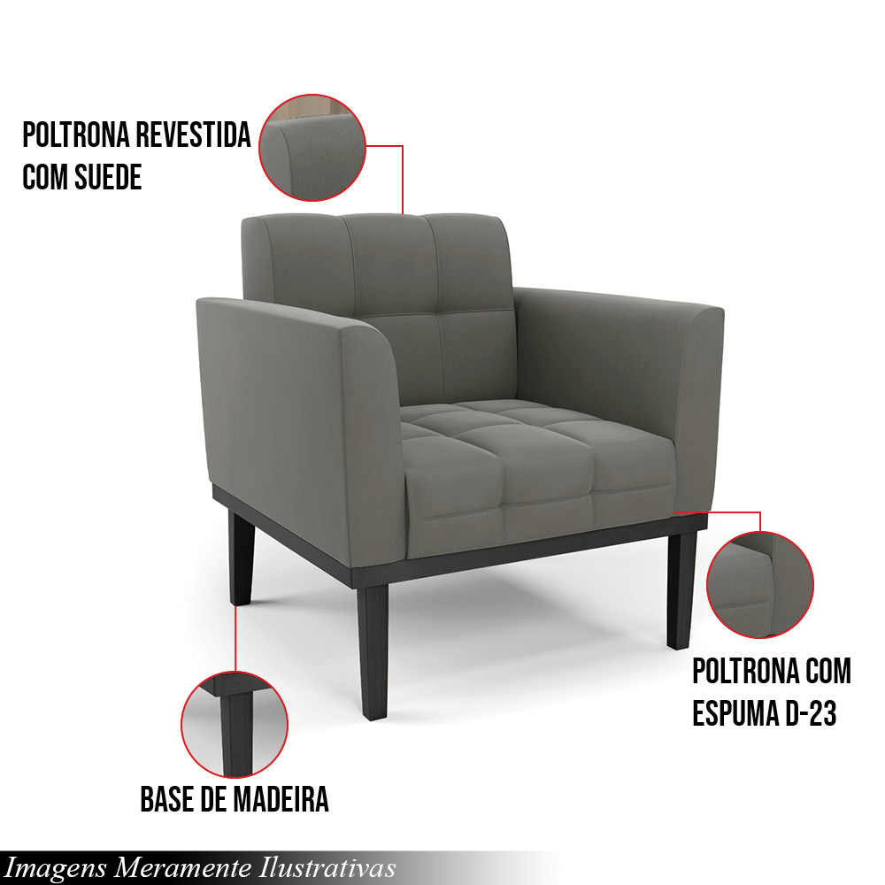 Kit 2 Poltronas Decorativas Karen Pés Fixo em Madeira Preto Suede Grafite G19 - Gran Belo