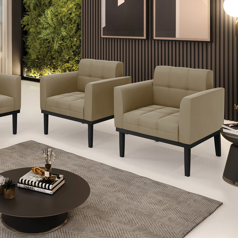 Kit 2 Poltronas Decorativas Karen Pés Fixo em Madeira Preto Suede Nude G19 - Gran Belo
