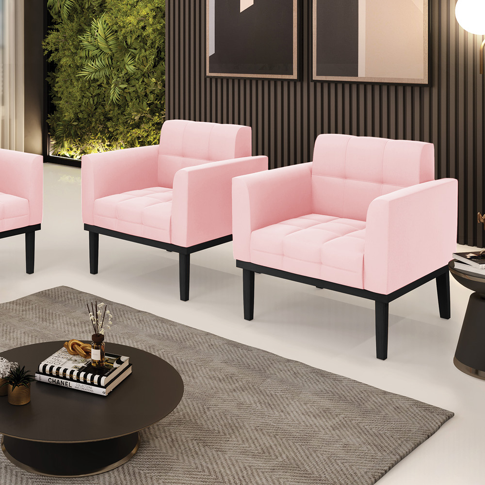 Kit 2 Poltronas Decorativas Karen Pés Fixo em Madeira Preto Suede Rosa Bebê G19 - Gran Belo