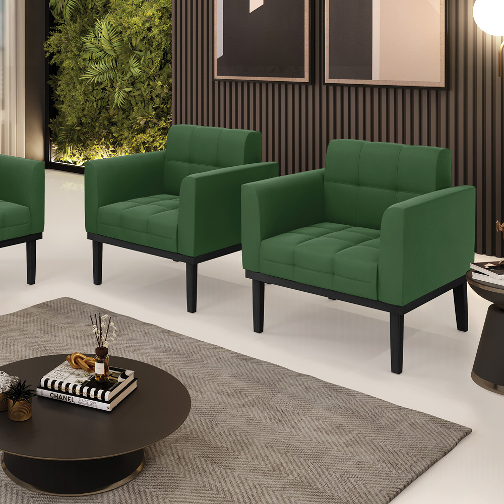 Kit 2 Poltronas Decorativas Karen Pés Fixo em Madeira Preto Suede Verde G19 - Gran Belo