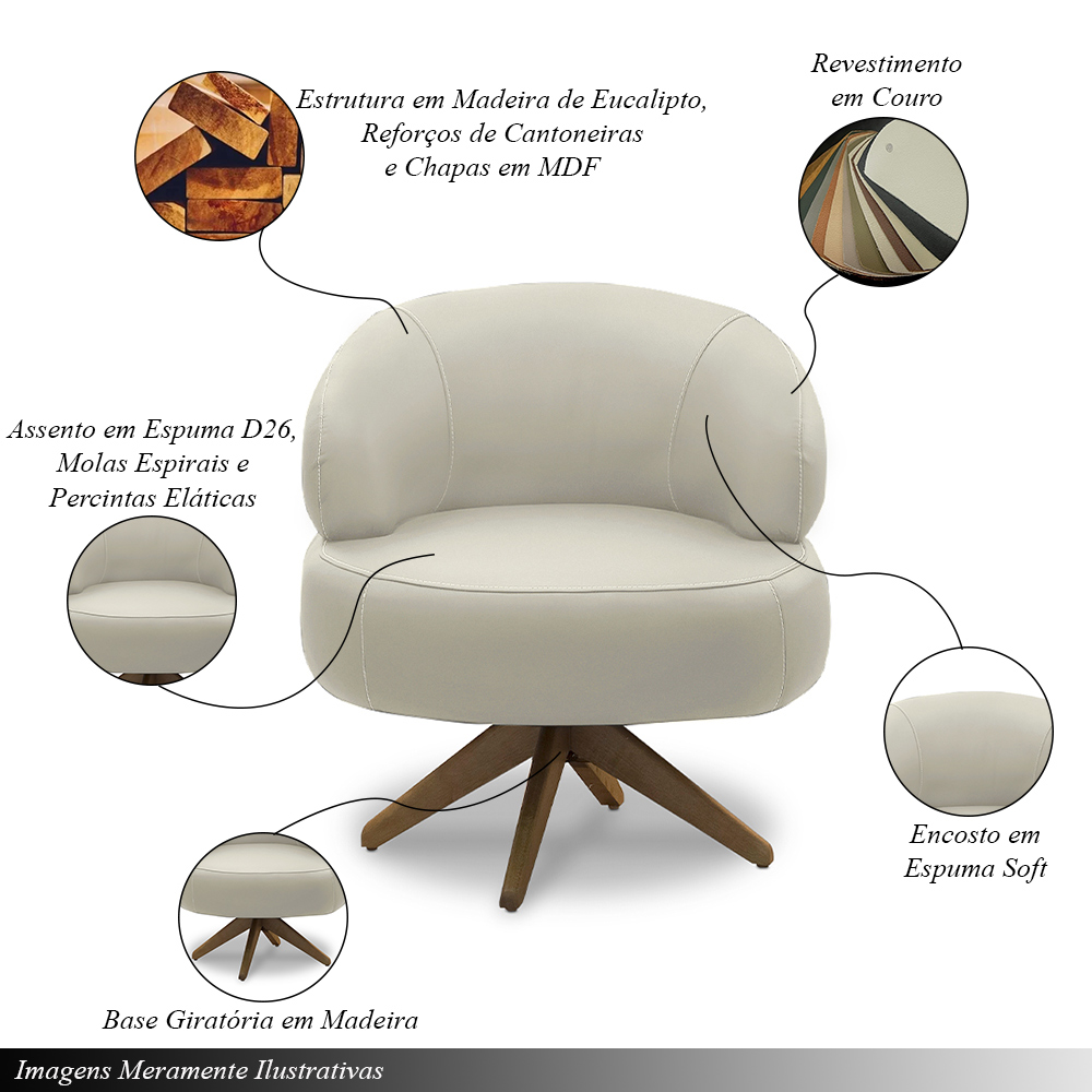 Kit 2 Poltronas Decorativas Katy Sala de Estar Base Giratória em Madeira Couro Bege G88 - Gran Belo