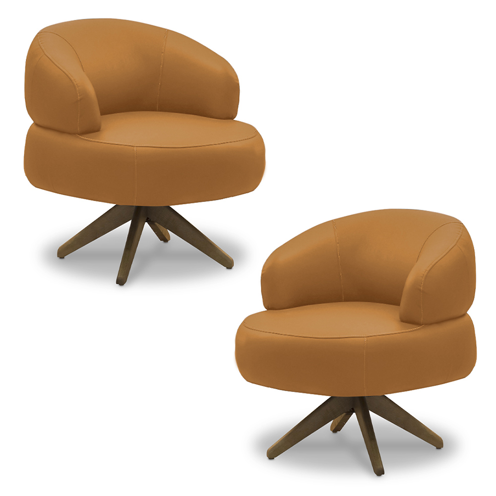 Kit 2 Poltronas Decorativas Katy Sala de Estar Base Giratória em Madeira Couro Caramelo G88 - Gran Belo