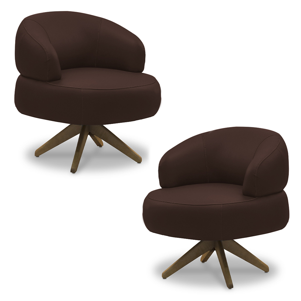 Kit 2 Poltronas Decorativas Katy Sala de Estar Base Giratória em Madeira Couro Marrom Chocolate G88 - Gran Belo