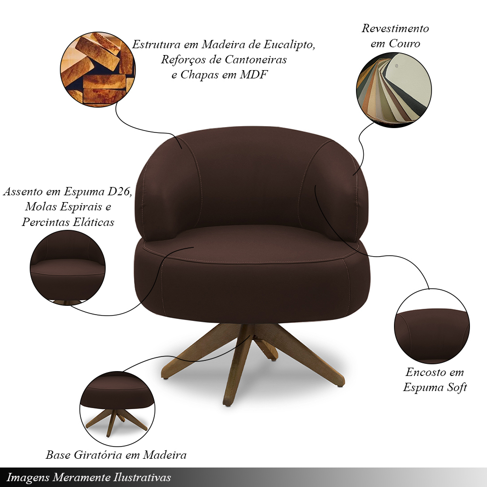 Kit 2 Poltronas Decorativas Katy Sala de Estar Base Giratória em Madeira Couro Marrom Chocolate G88 - Gran Belo