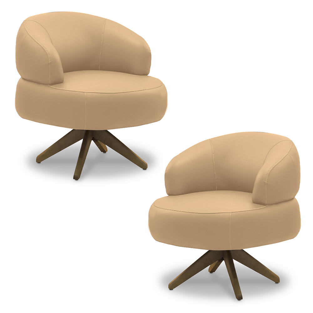 Kit 2 Poltronas Decorativas Katy Sala de Estar Base Giratória em Madeira Couro Nude G88 - Gran Belo