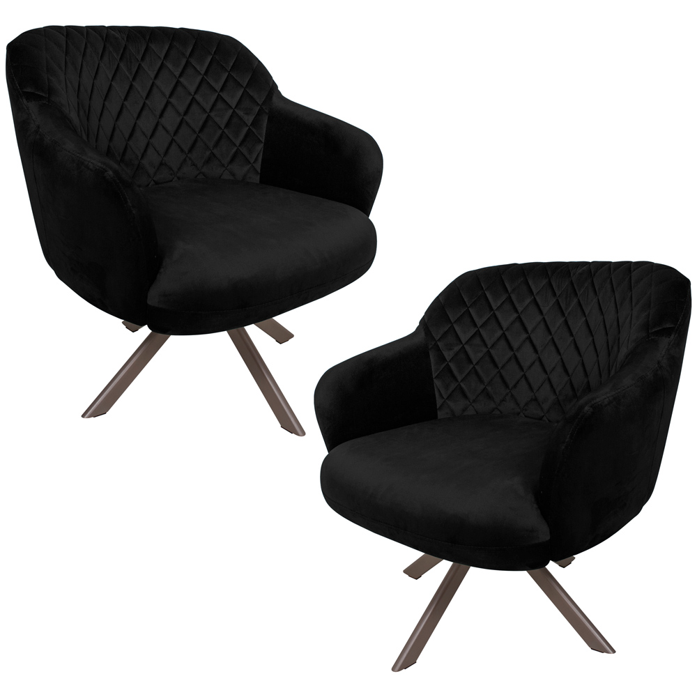 Kit 2 Poltronas Decorativas Kitana Pés Champagne Giratório Veludo Preto G15 - Gran Belo