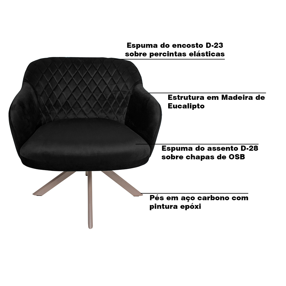 Kit 2 Poltronas Decorativas Kitana Pés Champagne Giratório Veludo Preto G15 - Gran Belo