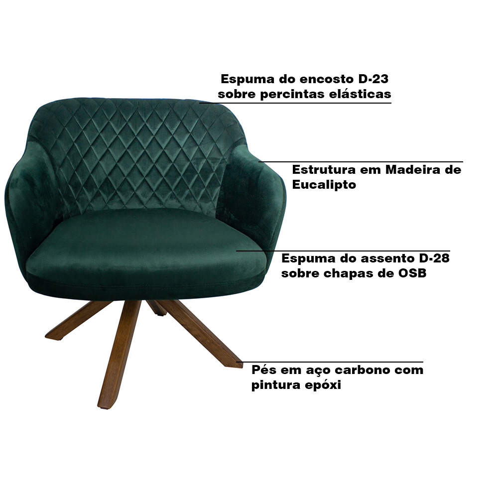 Kit 2 Poltronas Decorativas Kitana Pés Madeira Giratório Veludo Verde G15 - Gran Belo