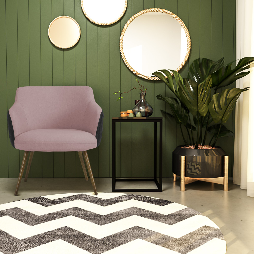 Kit 2 Poltronas Decorativas Kitana Pés Palito PU Sintético/Linho Preto/Rosa G15 - Gran Belo