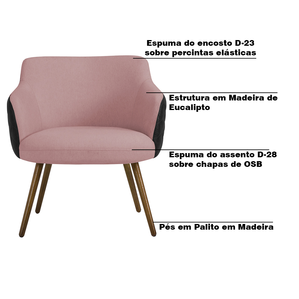 Kit 2 Poltronas Decorativas Kitana Pés Palito PU Sintético/Linho Preto/Rosa G15 - Gran Belo