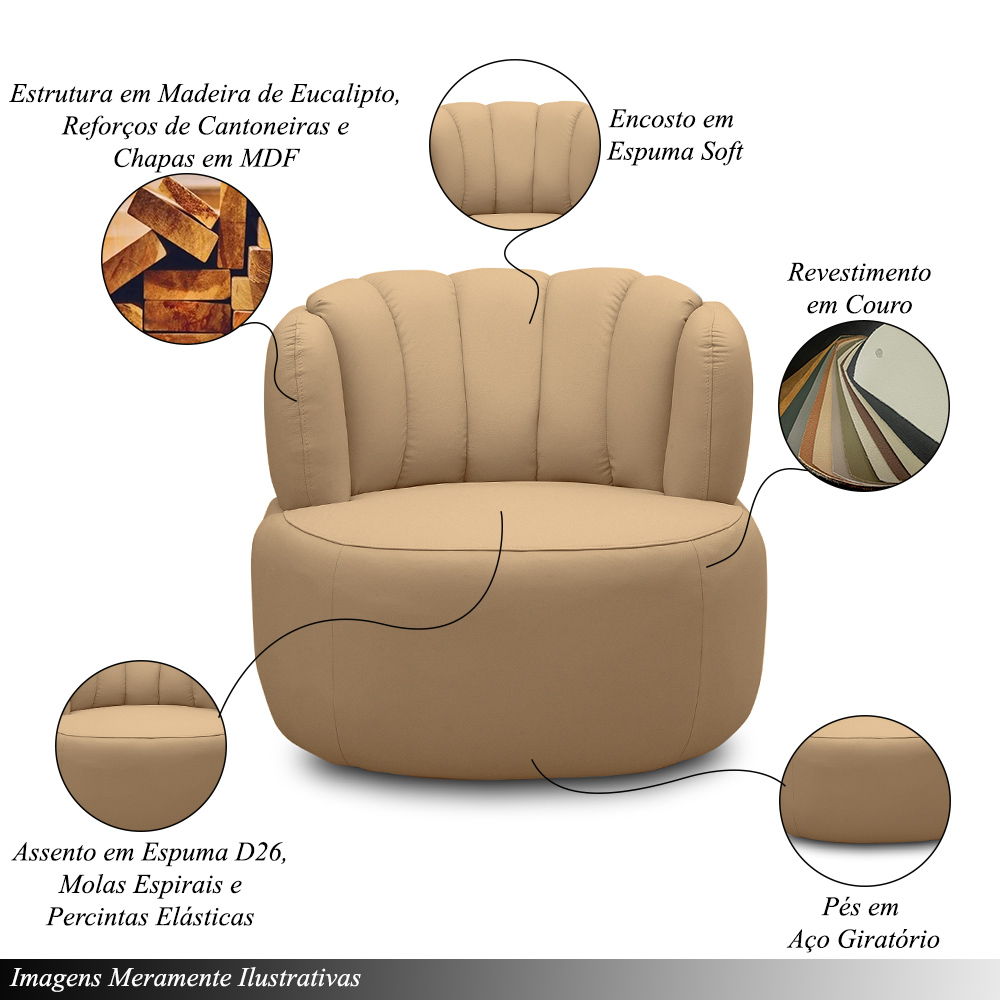 Kit 2 Poltronas Decorativas Mariele Sala de Estar Base Giratória em Aço Couro Nude G88 - Gran Belo