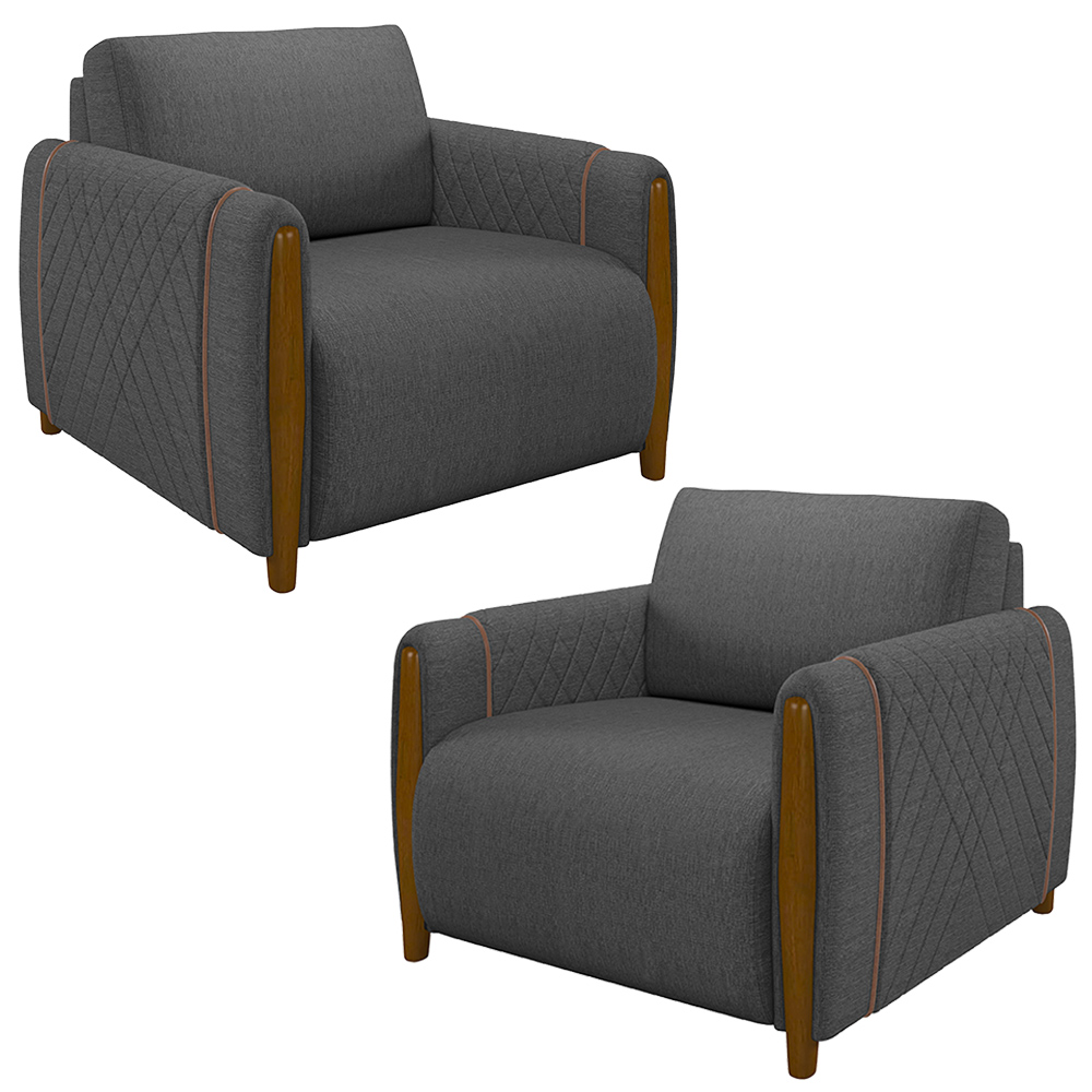 Kit 2 Poltronas Decorativas Pés Madeira Maceió Linho Chumbo G45 - Gran Belo