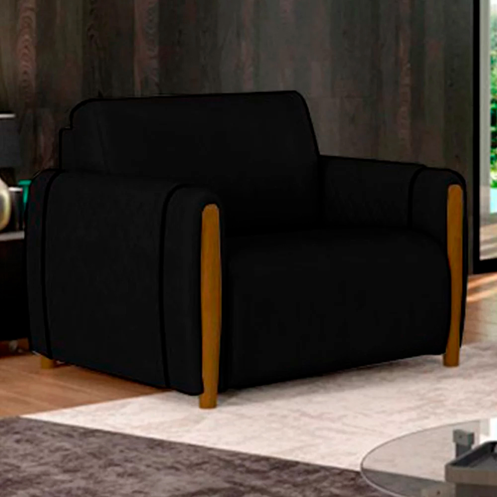 Kit 2 Poltronas Decorativas Pés Madeira Maceió Veludo Preto G45 - Gran Belo