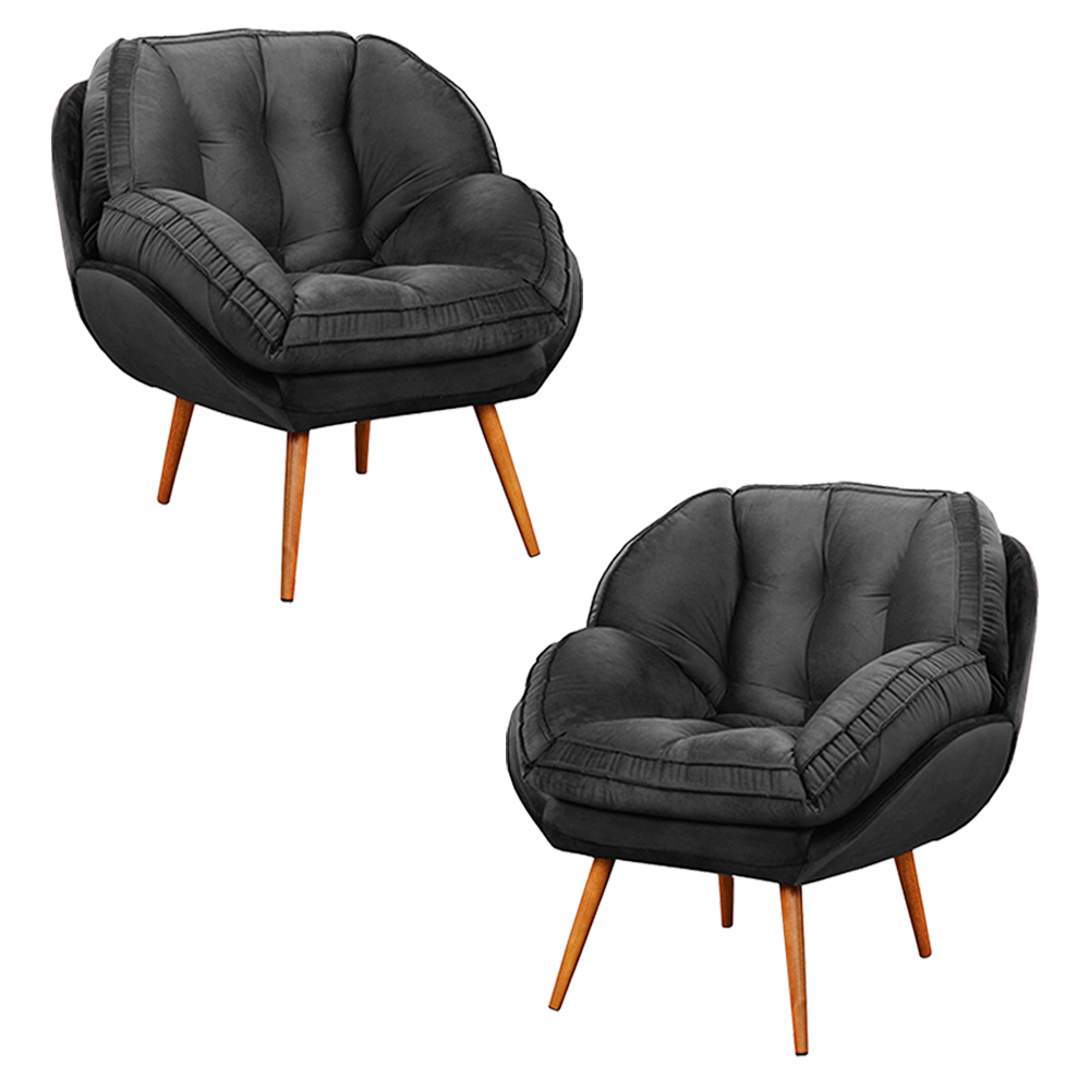 Kit 2 Poltronas Decorativas Pés Palitos Giroud Veludo Cinza Chumbo G33 - Gran Belo