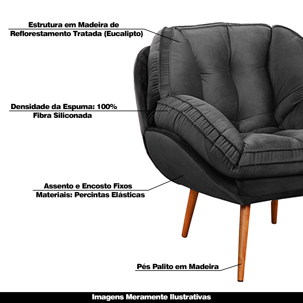 Kit 2 Poltronas Decorativas Pés Palitos Giroud Veludo Cinza Chumbo G33 - Gran Belo