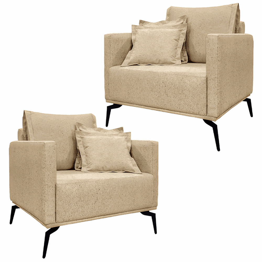 Kit 2 Poltronas Decorativas Pés em Aço Stagno Linho Bege G63 - Gran Belo