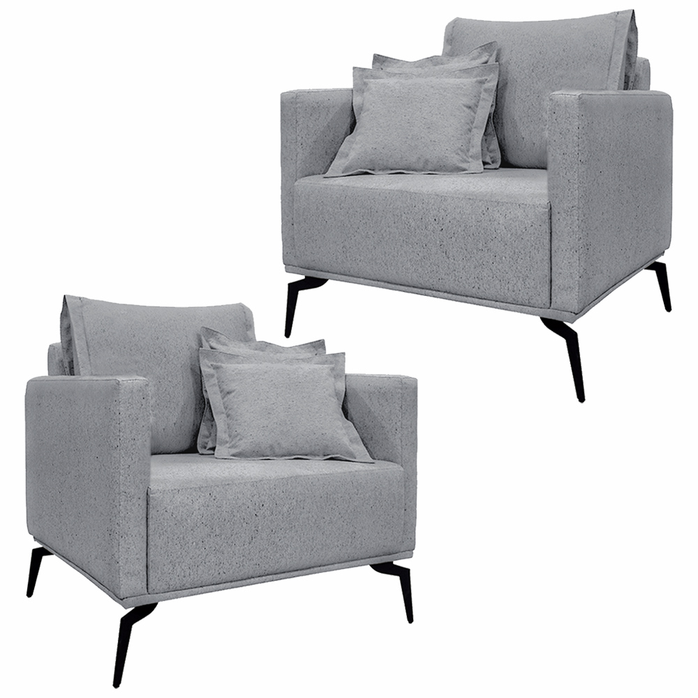 Kit 2 Poltronas Decorativas Pés em Aço Stagno Linho Cinza G63 - Gran Belo