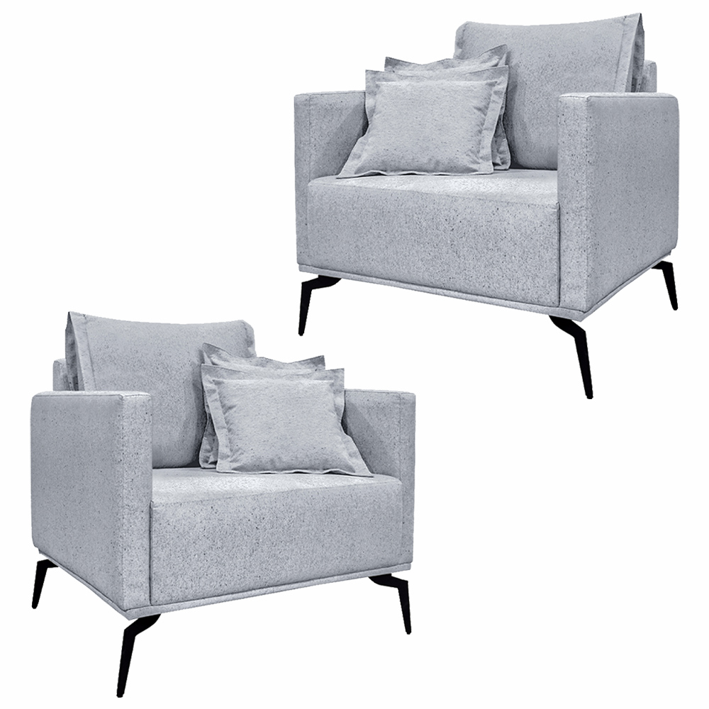 Kit 2 Poltronas Decorativas Pés em Aço Stagno Linho Cinza Rustico G63 - Gran Belo