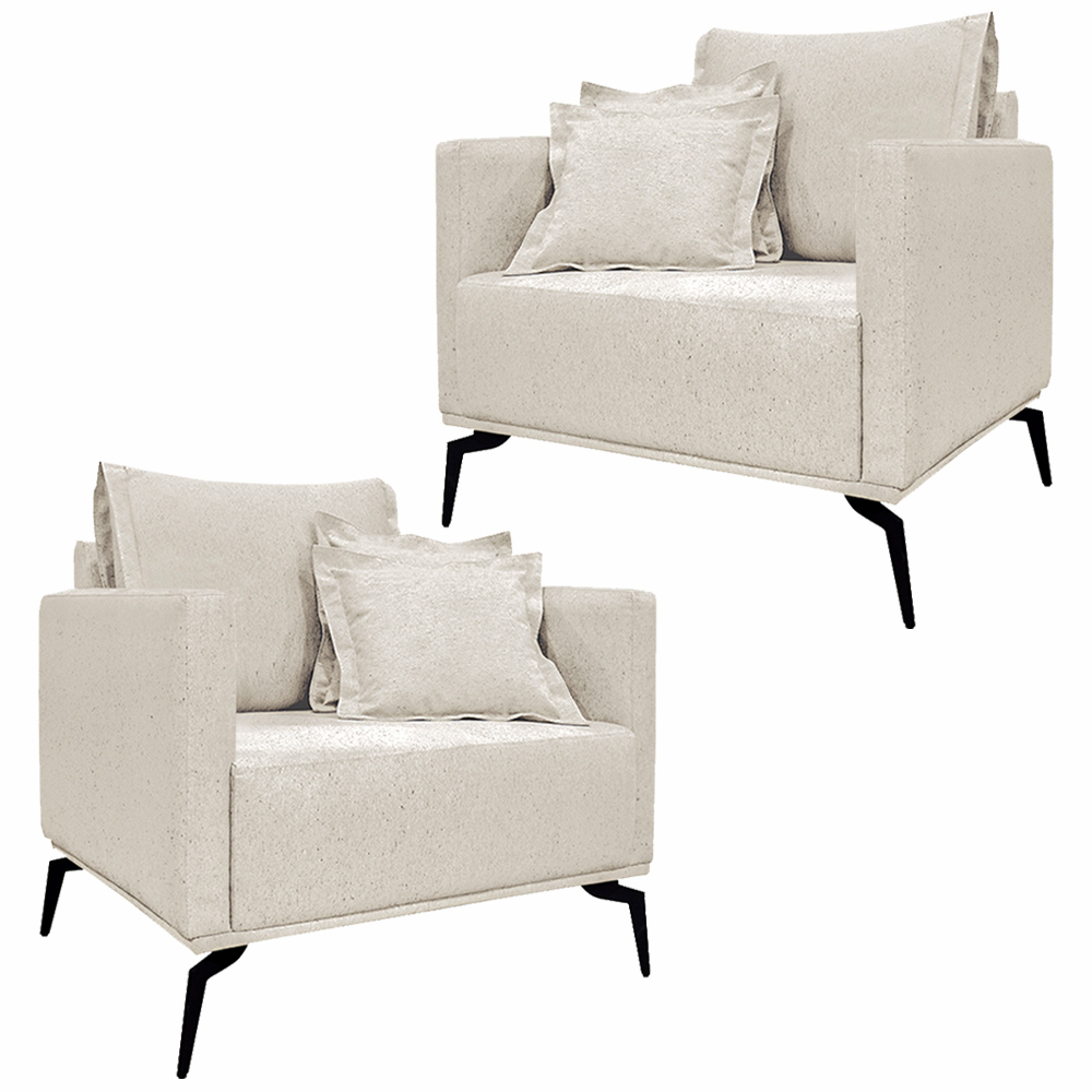 Kit 2 Poltronas Decorativas Pés em Aço Stagno Linho Off White Rústico G63 - Gran Belo