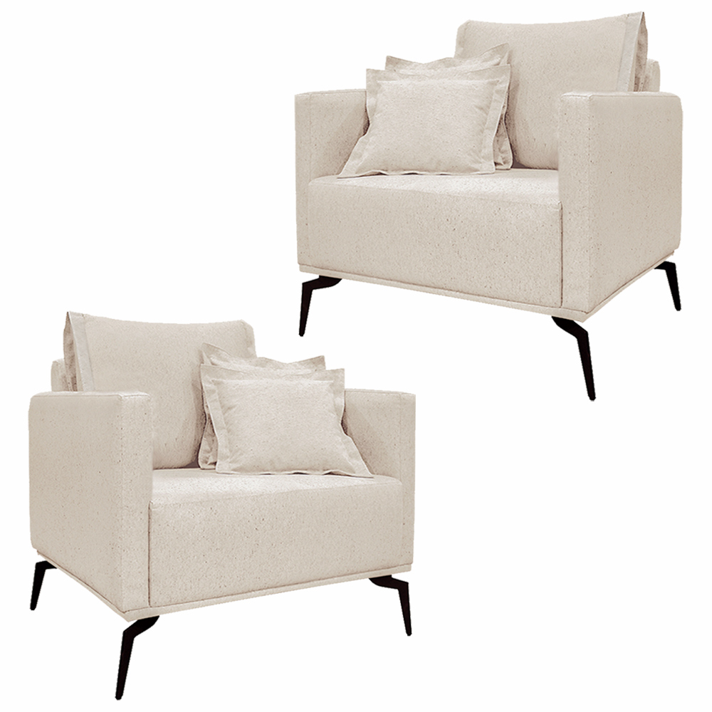 Kit 2 Poltronas Decorativas Pés em Aço Stagno Linho Pérola G63 - Gran Belo