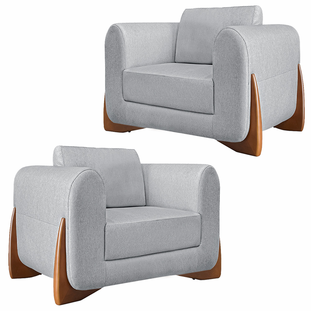 Kit 2 Poltronas Decorativas Pés em Madeira Buzz Linho Cinza Rustico G63 - Gran Belo