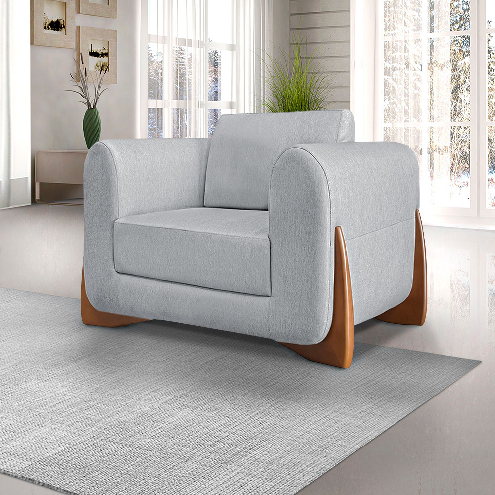 Kit 2 Poltronas Decorativas Pés em Madeira Buzz Linho Cinza Rustico G63 - Gran Belo