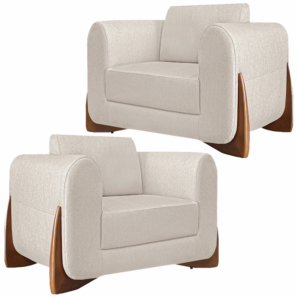 Kit 2 Poltronas Decorativas Pés em Madeira Buzz Linho Pérola G63 - Gran Belo